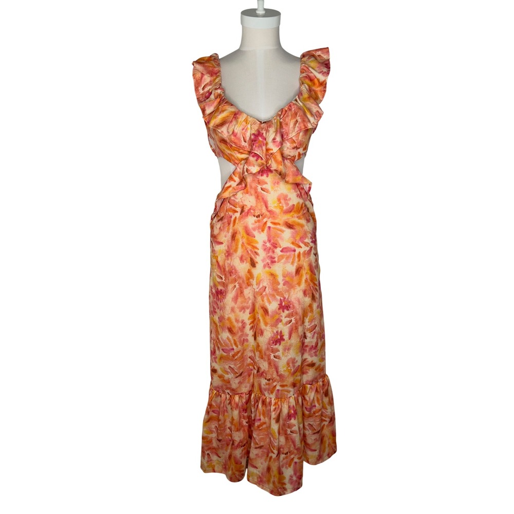 Micas Floral Ruffle Cut Out Maxi Dress Orange Pink Watercolor Size M NWT